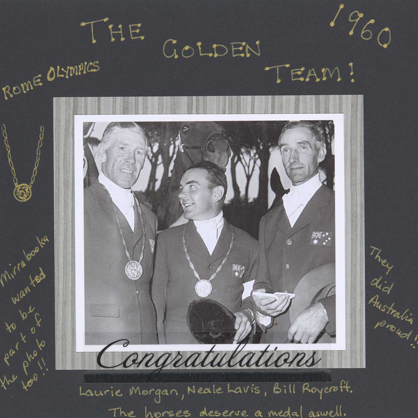 Page from a photo album titled 'The Golden Team' with an image of three men with medals. - click to view larger image